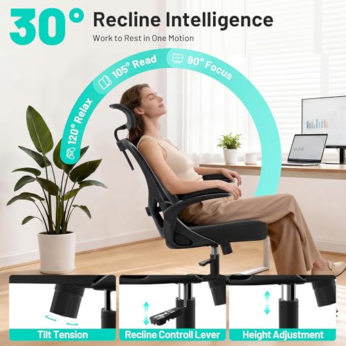 Image of AreShark Office Chair - Ergonomic Desk Chair Breathable Mesh Chair with 2D Headrest & Adjustable Lumbar Support - Executive High Back Rolling Swivel Computer Gaming Chair with Wheels Flip-up Armrests