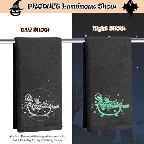 2 Pack Luminous Halloween Hand Towels 100% Cotton Embroidered Skull Halloween Kitchen Towels Glow in The Dark Black Skeleton Bathroom Towels Seasonal Bathroom Decor (Black Skeleton, Halloween) by Xkdamai - Image 3