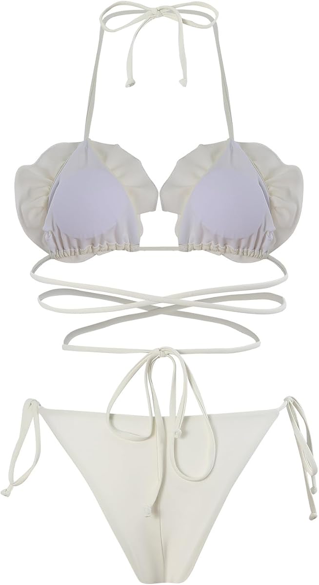 Women’s 3D Rose Triangle Halter Bikini Set 2 Piece Tie String Thong Swimsuit Bathing Suit Sexy High Cut Beachwear
