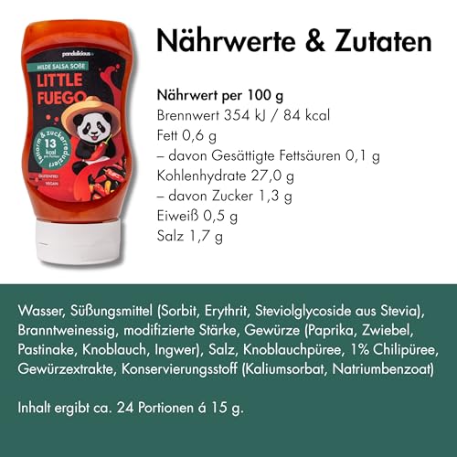 Pandalicious Saucen - Fettarm & Zuckerreduziert - Ohne künstliche Konservierungsstoffe - Glutenfrei - Vegan - 100% Geschmack (Little Fuego - Milde Salsa Soße)