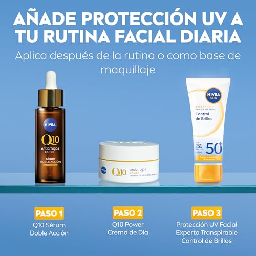 NIVEA SUN Control de Brillos Protección Facial FP50+ Transpirable - Matificante 12 h - Carnitina, Tapioca, Almidón de Arroz, Licocalcón A - Textura Ligera y 0% Sensación Grasa - Piel grasa - 40 ml