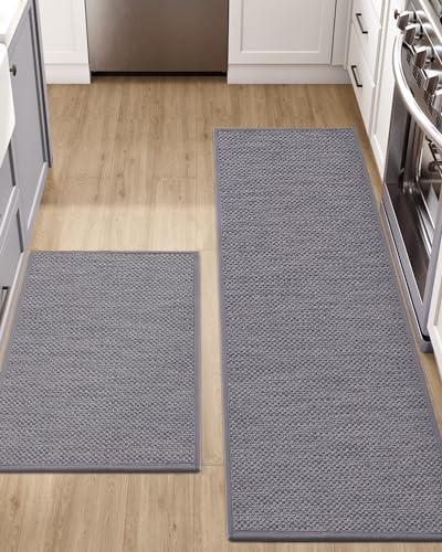 DEXI Kitchen Mats and Rugs for Floor, 44x75 + 44x150 cm, Non Slip Washable Absorbent Thin Woven Runner Rug for Front of Sink, Laundry Room, Hallway, Set of 2, Grey