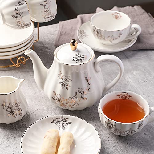 Porcelain Tea Sets British Royal Series, 8 Oz Cups & Saucer Service For 6, With Teapot Sugar Bowl Cream Pitcher Teaspoons And Tea Strainer, Suitable For High Tea, Wedding, Party（Morning Glory） #TOP3