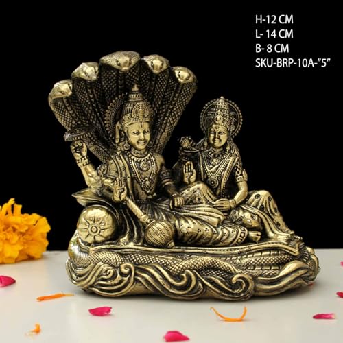 Image of INDICAST 5 inch Brass Lord Vishnu Laxmi Idol on Sheshnag | Hindu God Statue for Home Temple Pooja Room & Spiritual Dcor (Weight- 570gm)