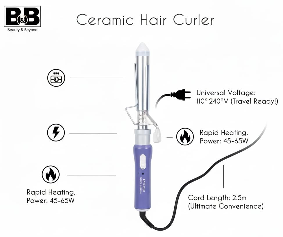 Image of BEAUTY 'n' BEYOND BB-45 Ceramic Hair Curler, Multiple Barrel Sizes 20-28mm, 360 Swivel Cord 2.5m, 110-240V, Purple