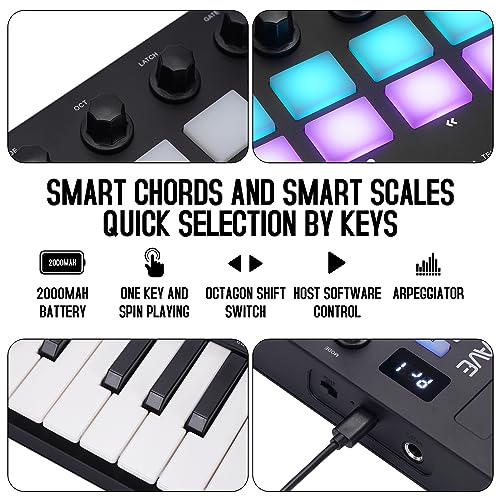 Image of M-VAVE 25 Key USB MIDI Keyboard Controller With 16 Backlit Drum Pads, Bluetooth Semi Weighted Professional dynamic keybed 8 Knobs and Music Production,Software Included (16 Drum Black)