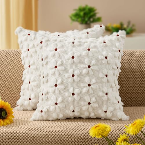 Image of DFXSZ Spring Summer Pillow Covers 16x16 inch Set of 2 White Rust Daisy | Farmhouse Decor Soft Plush Faux Fur Jacquard Throw Pillow Covers|For Spring Holiday Sofa Home Decor
