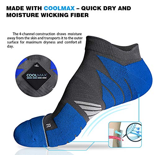 Hylaea No Show Athletic Socks Men, Running Socks No Blisters, Moisture Wicking, With Coolmax Cushion Padded, Ideal For Runner, Sports, Gym, Golf, Low Cut, Gray Blue Red Large 3 Pairs #TOP2