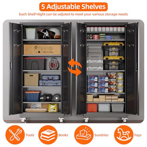 SUXXAN Metal Storage Cabinet with Wheels and Pegboard, 71" Tall Industrial Heavy Duty Steel Cabinet with 5 Adjustable Shelves & Locking Doors for Garage, Office, Pantry, Warehouse, Black - Image 6