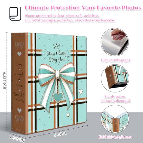 Image of Photo Album 4x6 120 Pockets Aqua Plaid Ribbon Bow