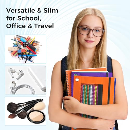 Image of Pencil Pouch for 3 Ring Binder - 3 Hole Zipper Pen Case Bag Holder Bulk Accessories Clear Window Aesthetic Organizer Pockets (Bright Orange)