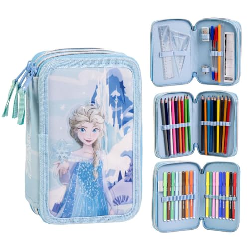 CARTOON Estojo escolar 3 fechos de correr triplo multicompartimento completo 44 peças cores giotto papelaria para crianças, Congelados, Estojo