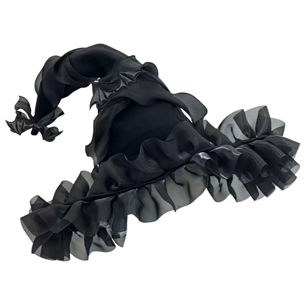 Fituenly Women's Black Halloween Witch Hat, Foldable Dark Bat Wizard, Wide Brim Pointed Hat, Large Brim Gothic Lolita Prop Headwear For Party Fancy Dress