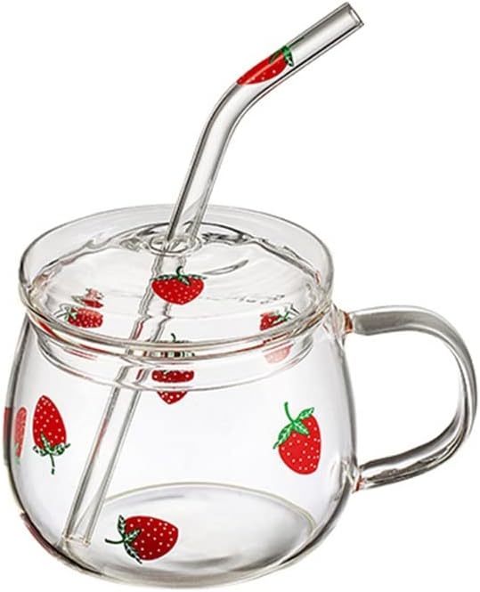 Strawberry Glass Mug With Drinking Cup With Lid High Borosilicate Water Household Milk Juice Cups(D)