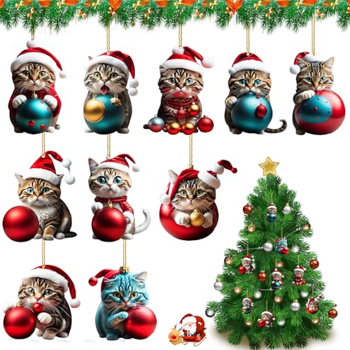 10 Stück Weihnachtsbaum Katzen Anhänger,Acryl Cartoon Katze...