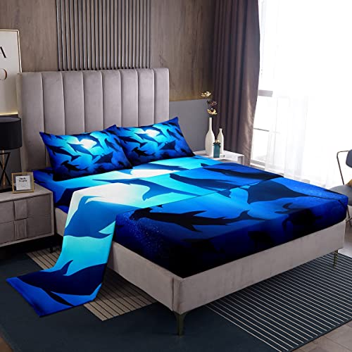 Erosebridal Ocean Theme Full Sheet Set for Boys Girls Kids Marine Animal Sheets, Aesthetic Navy Blue Bedding Sheets & Pillowcases Sea Dog Dolphin Bed Sheets, Big Fish Fitted Sheet Room Decoratives
