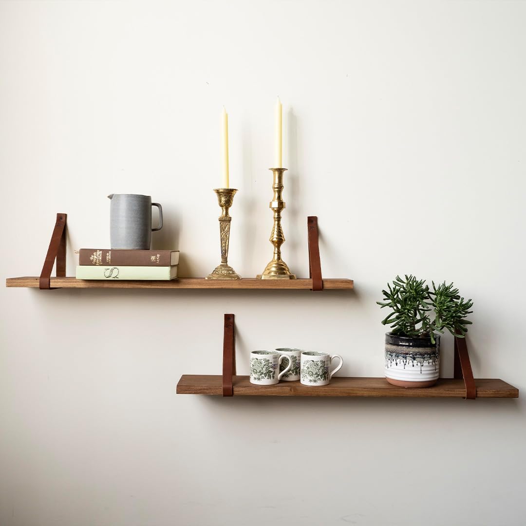 Hardwood Customizable Shelves ~ With Full Grain Leather Straps - Choose Your Stain (6x12 Inches, Walnut)