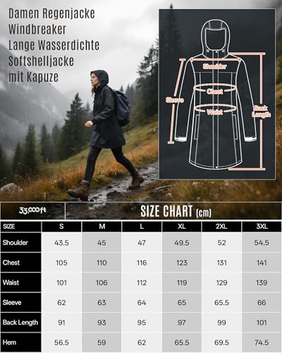 33,000ft Damen Regenjacke Windbreaker Lange Wasserdichte Softshelljacke mit Kapuze Leicht Übergangsjacke Wanderjacke Atmungsaktive Regenmantel für Frühling Sommer und Herbst Schwarz XL