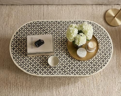 Image of Handmade Bone Inlay Oval Coffee Table Black & White Floral Geometric Design, Luxury Center Table with Brass Base for Living Room, Modern Decorative Coffee Table for Home & Apartment