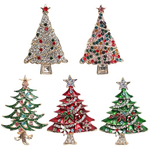5Pcs Christmas Tree Brooch Pin Vintage Xmas Pins and Brooches for Women & Girls Crystal Rhinestone Enamel Jeweled Bulk Set Scarf Shawl Clip Jewelry Decorations Multicolor