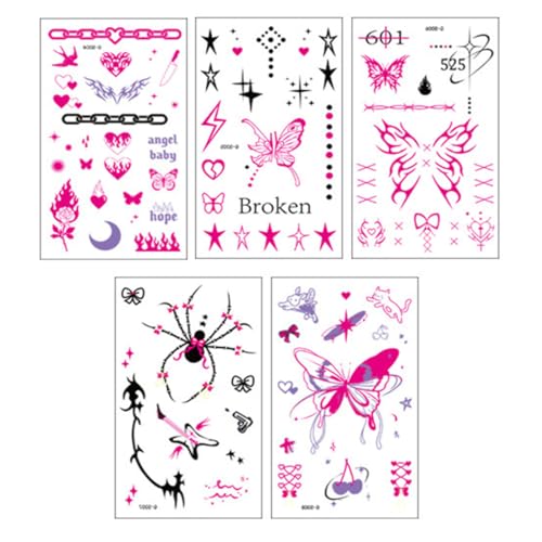 JRYXDS 5 Adesivi Per Tatuaggi Temporanei Stile Y2K – Tatuaggi Per Dita E Braccia (Nero & Rosa), Resistenti All'Acqua E Alla Moda – Design Vintage Per Un Look Unico
