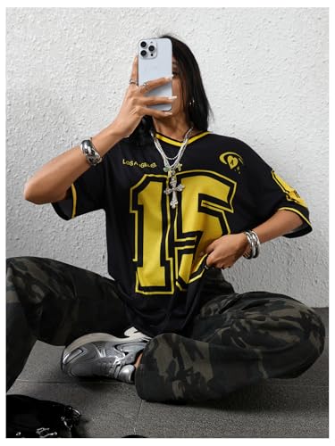 Image of SOLY HUX Jersey Shirts for Women Number Graphic Print V Neck Baggy Tees Hip Hop Streetwear
