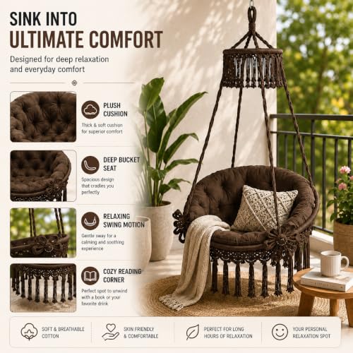 Image of Premium King Size Hammock Chair Swing with Cushion, 200kg Capacity | Indoor Outdoor Heavy Duty Adults & Kids Hanging Jhula for Home, Garden, Patio & Balcony | 1 Year Warranty (Brown)