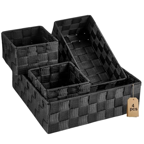 Cosyhive Small Black Baskets, 4 Piece Multi Size Black Woven Baskets with Metal Frame, Closet Shelf Dresser Bathroom Storage, Vanity Drawer Bedroom Office Organization