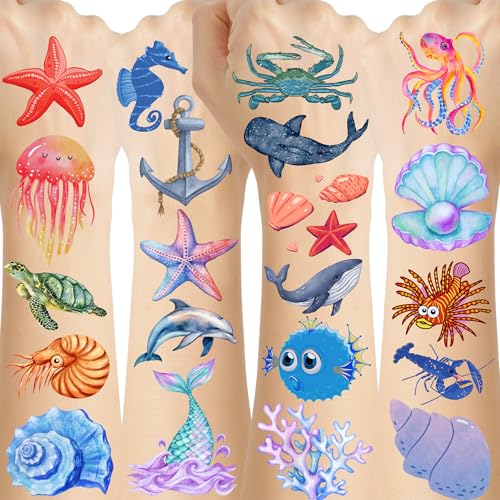 Ocean Temporary Tattoos - 60Pcs Ocean Party Decorations Birthday Party Favors Supplies Gifts For Kids Under The Sea Party Decorations Accessories Suitable For All Of Ages Boys Girls Kids Youth Adult