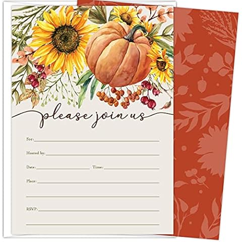 Koko Paper Co Fall Invitations with Pumpkin and Sunflowers | 25 Fill-in Invitations and 25 Bright White Envelopes | Printed on Heavy Card Stock Cover