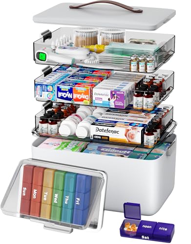 Image of CTIME 4-Tier XL Medicine Organizer with Leather Handle - Portable Pill Case & Empty First Aid Kit for Home, Travel, RV, School, Dorm | Ideal Elderly Gift
