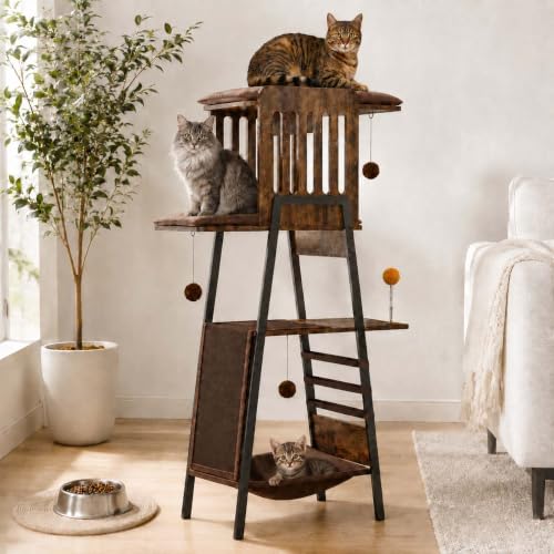 HRVEOCEI 58-Inch Outdoor Cat Tower Metal Large Cat Tower Platform Modern Cats Tree with Scratching Board & Removable Pads Cats Furniture for Indoor Cats Large Perch Hammock