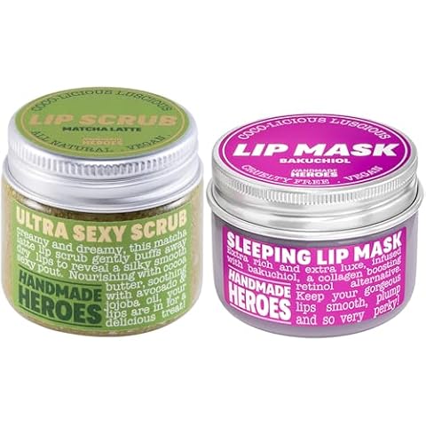 Handmade Heroes Plumping Bakuchiol Lip Mask and Green Tea Lip Scrub Bundle - Clean Sustainable Skincare Lip Exfoliator and Lip Treatment - Matcha Latte & Bakuchiol Cover