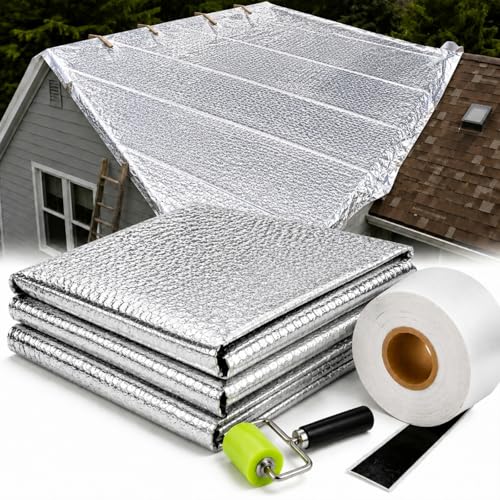 Maasechs Self Adhesive Reflective Roof Tarp Heavy Duty 10 x 7 Waterproof Roof Repair Cover with Butyl Tape & Roller Extra Thick UV and Heat Blocking for Outdoor Patio Pool Boat Mobile Home