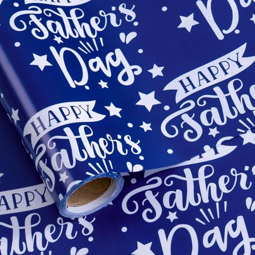 LeZakaa Happy Fathers Day Wrapping Paper Roll Blue Gift Wrap with Stars for Dad Birthday Gifts Fathers Day Present Wrapping for Grandfather Dad Men Mini Roll 17 in x 16.4 Ft