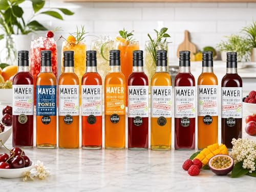 Image of Mayer Premium Artisan Syrup Variety 10-Pack - Award-Winning Cocktail & Coffee Syrups, Elderflower, Lavender Blossom, Botanical Tonic, Tropical Passion Fruit, Mango, Chili Mango, Cinnamon Plum, Raspberry, Strawberry & Sour Cherry, Real Fruit & Botanicals, Vegan, Gluten Free - No Artificial Additives (10 x 16.9 Fl Oz)
