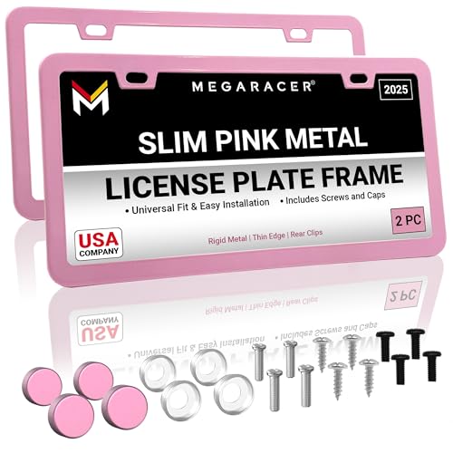 Image of Premium Princess Pink License Plate Frames - 2 Pack, Rust-Free Stainless Steel, Street Legal, Rattle-Free, Universal Slim Design with Screw Caps, Durable Car Tag Holders for Women, Cute & Girly Gift
