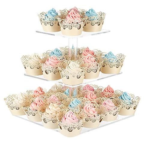 AMEITECH Cupcake Stand with Base, 3-Tier Square Acrylic Cupcake Display Stand Dessert Tower Pastry Stand Premium Cupcake Holder for Wedding Birthday Theme Party- Transparent Cover