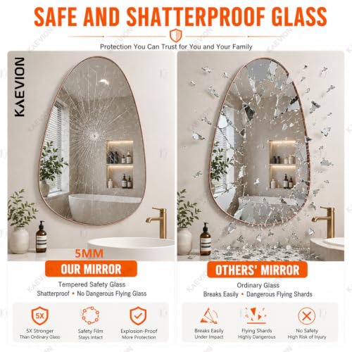 Image of 5mm Thick Irregular Wall Hanging Mirror - Asymmetric Teardrop Shaped Decorative Mirror with Sleek Rose Gold Bidding for Bedroom, Living Room, Vanity & Entryway