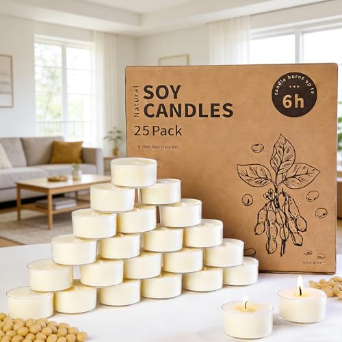 25 Stück 6 Stunden Teelichter aus 100% Sojawachs, natürliche,...
