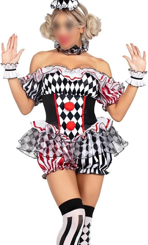 SANSIWU Womens Clown Costume,Off Shoulder Deadly Darling Clown Costume Shorts Jumpsuit+Sleeves+Collar+Hat+Stockings 5 Pcs Circus Clowns Bodysuit Costumes (black, S) — image 1