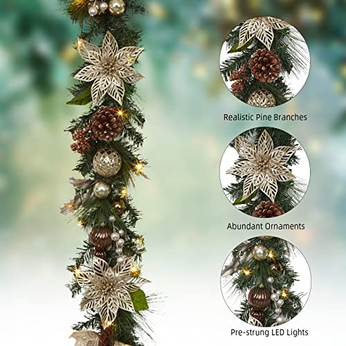 6ft Gold Christmas Garland with Lights, Lighted Xmas Garland with Golden Brown Ball Ornaments, Pre-Lit Christmas Garland Decorations for Indoor Outdoor Mantal Fireplace Banister Porch Decor