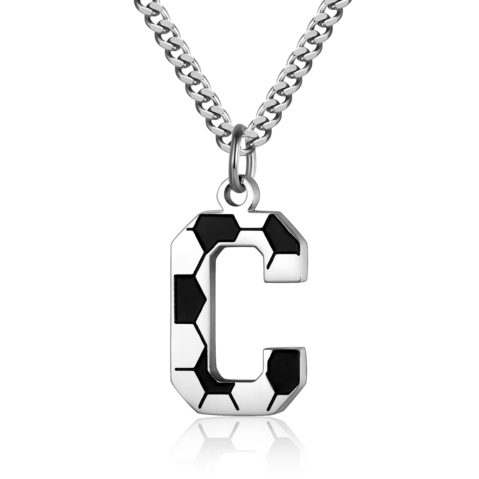 AIAINAGI Soccer Initial A-Z Letter Necklace for Men Soccer Charm Pendant Stainless Steel Silver Chain 22inch Personalized Soccer Gift for Men