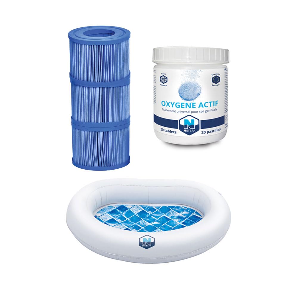 NETSPA Pack Entretien Spa, 3 Cartouches de Filtration + 20 Pastilles d'Oxygène Actif + Appui-tête/Porte-gobelet, Compatible Tous Spas Gonflables