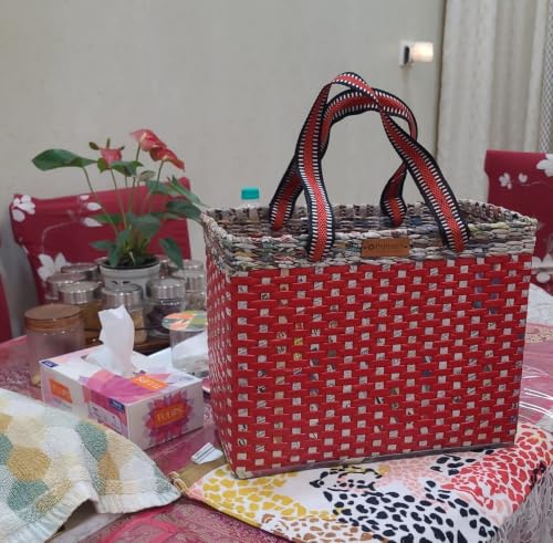 Image of Paperus, Large, Lunch Bag, Picnic Basket, Carry Bag, Handbag, Tiffin Basket for Office; Rectangular, Eco-Friendly, Handmade, of Paper Ropes, in Inch 11 H, 14 L, 7 Wide Base Red