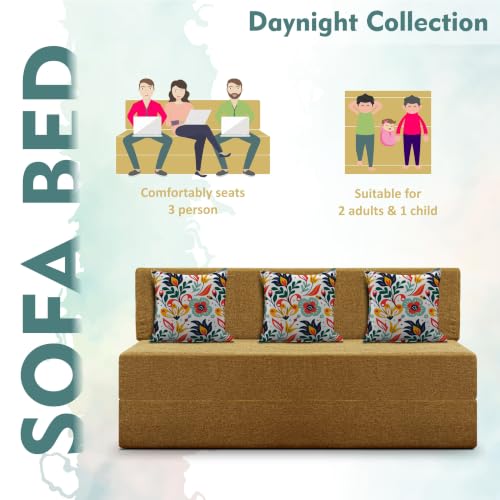 Image of Los Angeles Foldable Three Seater Sofa Cum Bed, Sofa Bed 5 X 6 Feet Jute Fabric Washable Cover- Including Cushion Perfect for Living Room - Golden
