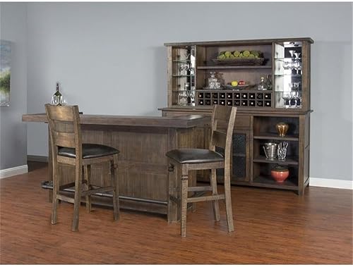 Miniatura 2 de Pemberly Row Juego de 3 unidades de barra de madera y 2 taburetes de bar con espalda cruzada en marrón oscuro