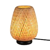 Lámpara de Mesa Pantalla de Mimbre Bambú Ratán Natural Estilo Nórdico Vintage Madera con Portalámparas Negra E27 LED para Dormitorio Mesita de Noche Salón