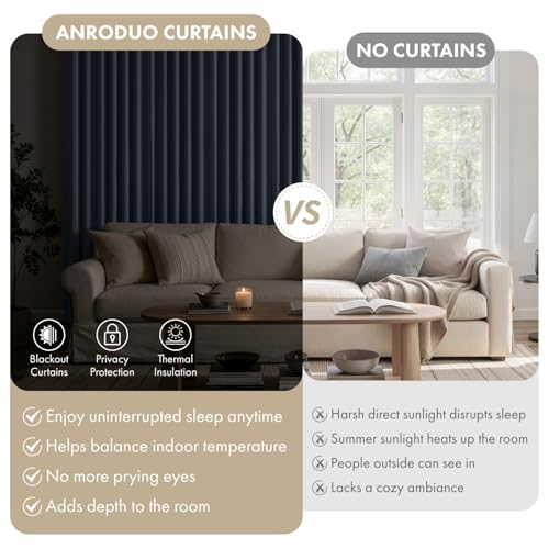 Image of ANRODUO Stone Blue Back Tab Blackout Curtains 84 Inch Long 2 Panels | Rod Pocket,Thermal Insulated Room Darkening Light Blocking Curtains for Living Room Bedroom Privacy,W42xL84