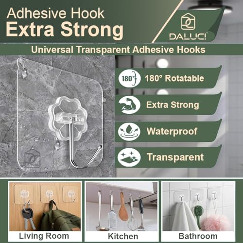 Image of DALUCI Self Adhesive Wall Hooks for Hanging - 30 Pcs Heavy Duty Wall Hanger Hooks Without Drill | Transparent Nail Free Sticky Hooks for Wall Heavy Items, Bathroom, Kitchen (Flower Hook, 30)